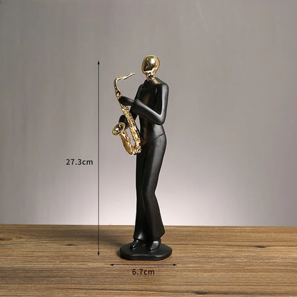 Statue of a musician playing a saxophone with measurements on a wooden surface and gray background