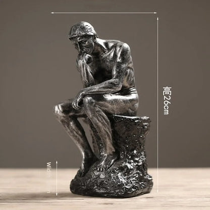 Statue of a thinker with dimensions indicated on a neutral background