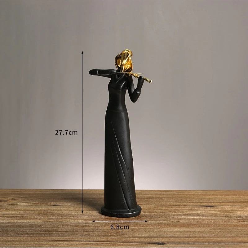 Statue of a woman playing a flute on a wooden surface with measurements indicated.