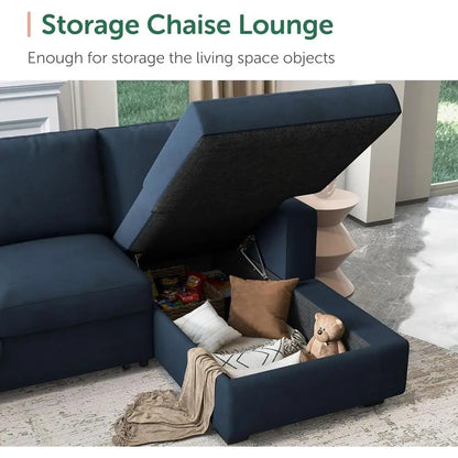 Storage chaise lounge with items inside in a living room setting