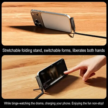 Stretchable folding stand for phone on a wooden surface with text highlighting its features.
