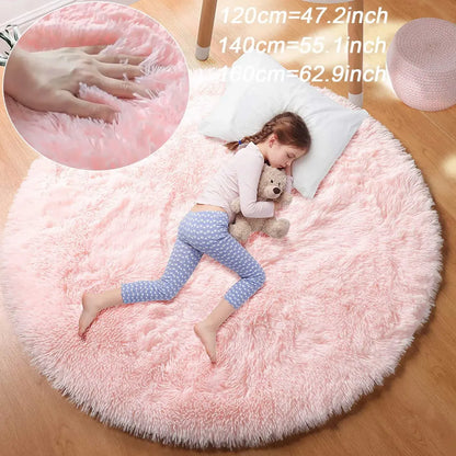 Pink fluffy rug with a child lying on it, holding a teddy bear, with measurements inset.