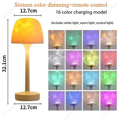 Table lamp with 16 color options and dimensions on a white background