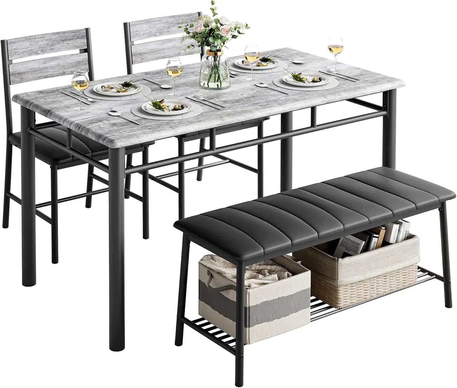 4-Piece Dining Set Kitchen Table with 2 Chairs & Upholstered Bench - Gray