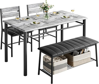 4-Piece Dining Set Kitchen Table with 2 Chairs & Upholstered Bench - Gray