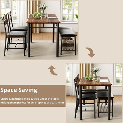 4-Piece Dining Set Kitchen Table with 2 Chairs & Upholstered Bench - Gray