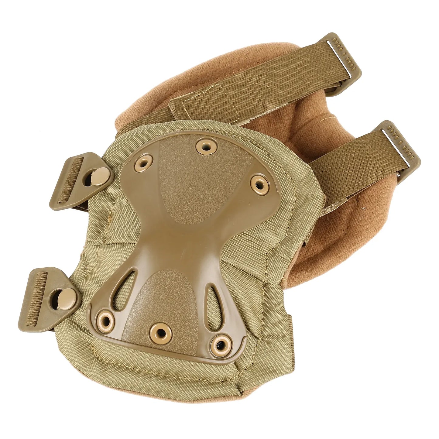 Tan knee pad with straps on a white background