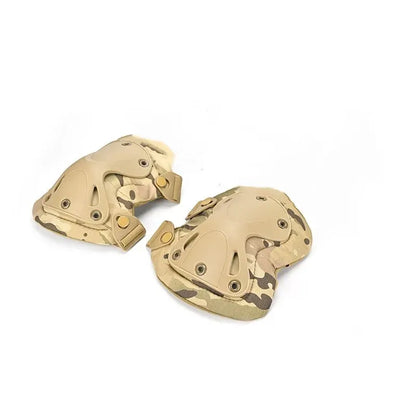 Tan knee pads with a camouflage pattern on a white background