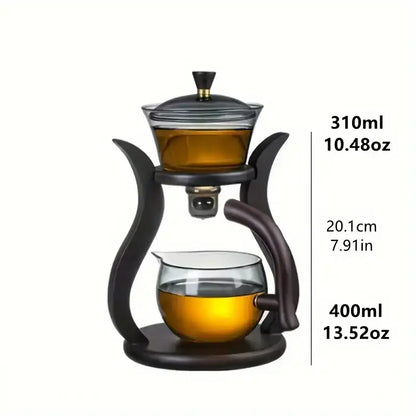Tea infuser with glass container filled with tea, showing measurements on a white background.