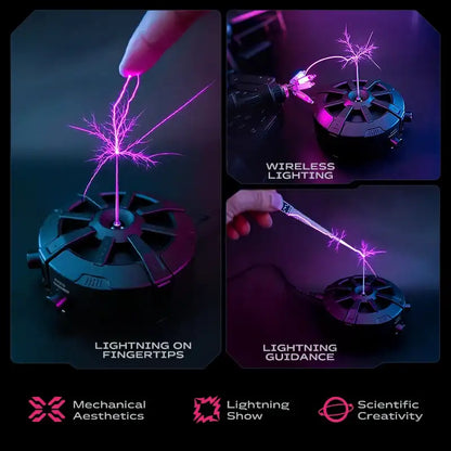 Collage of a sparkler being held, with text on wireless lighting and lightning guidance, featuring Mechanical Aesthetics, Lightning Show, and Scientific Creativity logos.