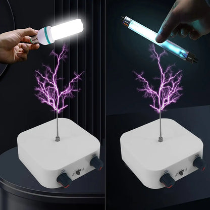 Two views of a handheld light bulb interacting with a Tesla coil device, creating purple electrical arcs.