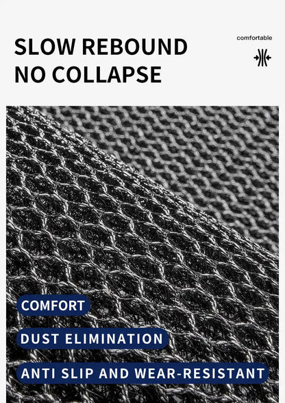 Textured fabric with features listed on a black background