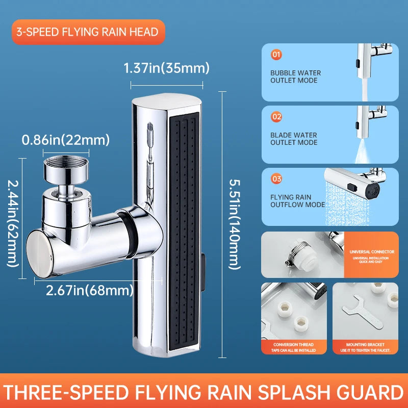 Three-speed flying rain shower head with measurements and features on a blue background