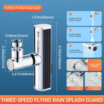 Three-speed flying rain shower head with measurements and features on a blue background