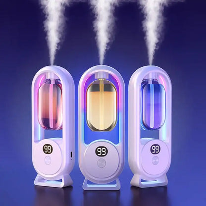Three portable humidifiers emitting mist on a dark background