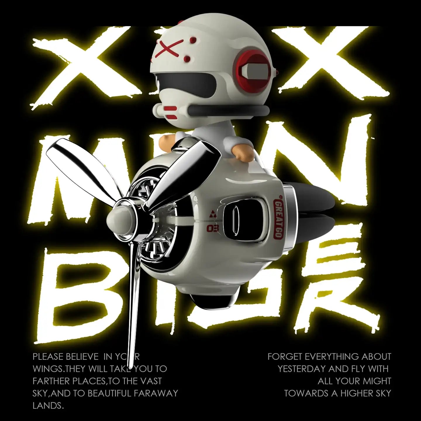 Toy figure of a robot with a propeller on a dark background with text.
