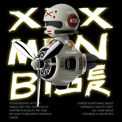 Toy figure of a robot with a propeller on a dark background with text.