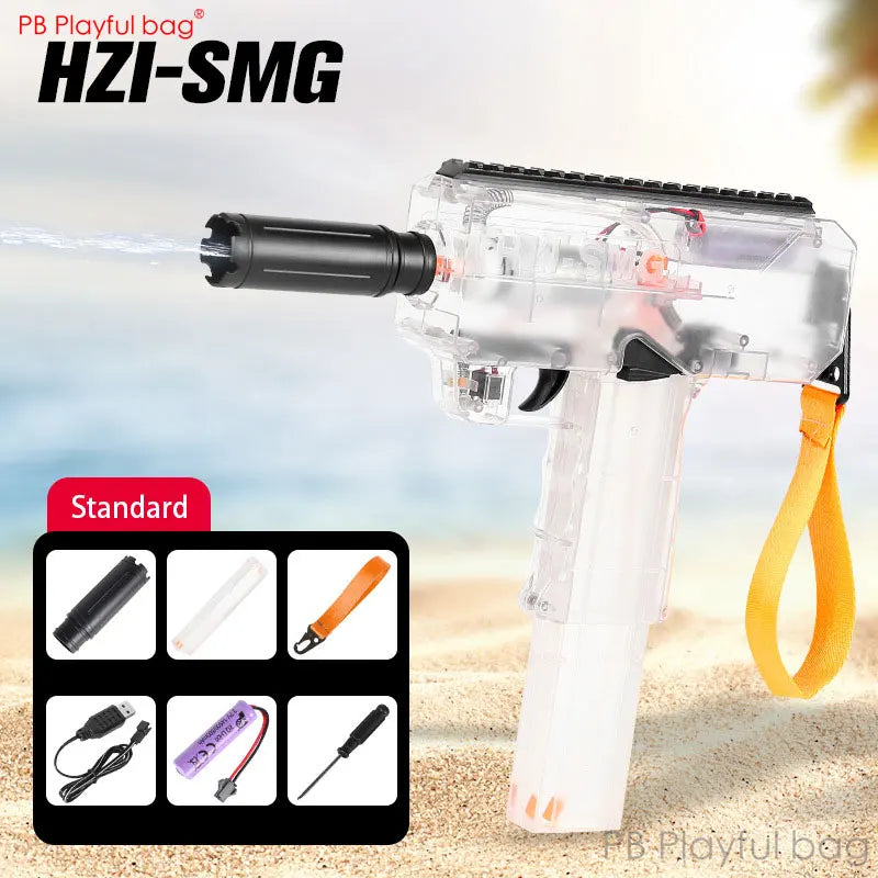 Toy gun with clear body and black components, featuring a yellow strap, on a beach background.