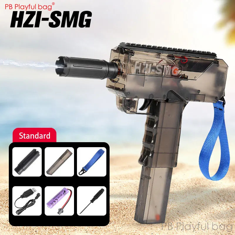 Toy gun labeled HZI-SMG with accessories on a beach background