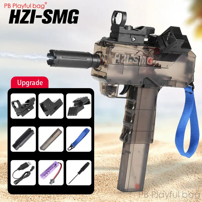 Toy gun labeled HZI-SMG with upgrade parts on a desert background