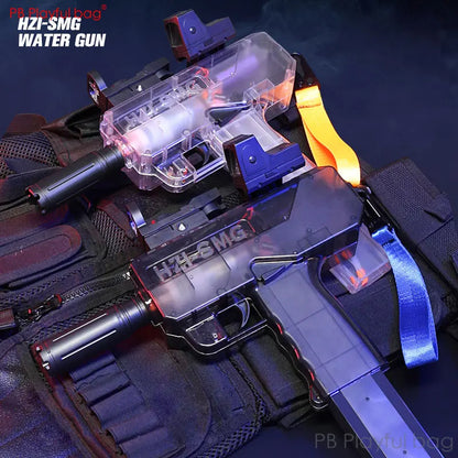Toy water gun with visible branding on a dark background