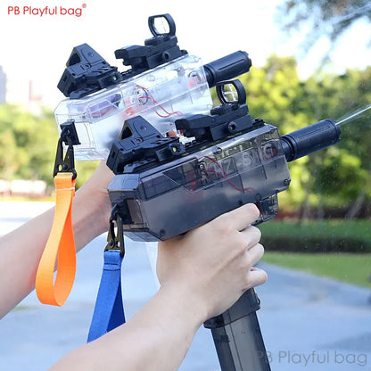 Toy water gun held by a child with a blurred outdoor background