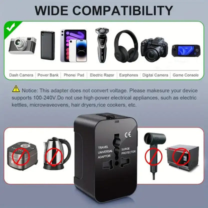 Travel adapter with compatibility chart on a blue background