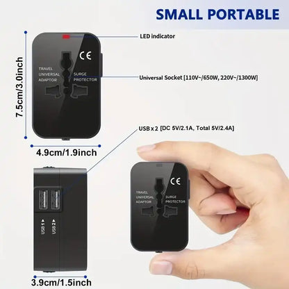 Travel adapter with dimensions and features labeled, held by a hand.