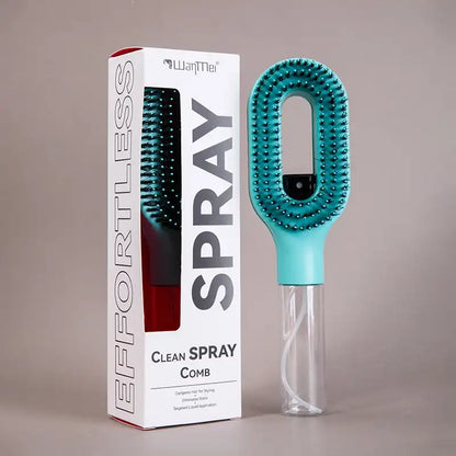 Turquoise cleaning comb with packaging labeled 'Clean Spray Comb' on a beige background