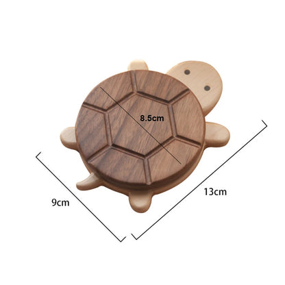 Wooden turtle-shaped coaster with dimensions on a white background