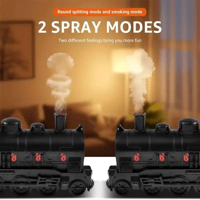 Two black train models with smoke effects on a blurred indoor background