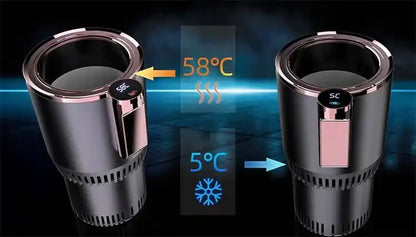 Two car cup holders with temperature indicators showing 58°C and 5°C on a dark background.