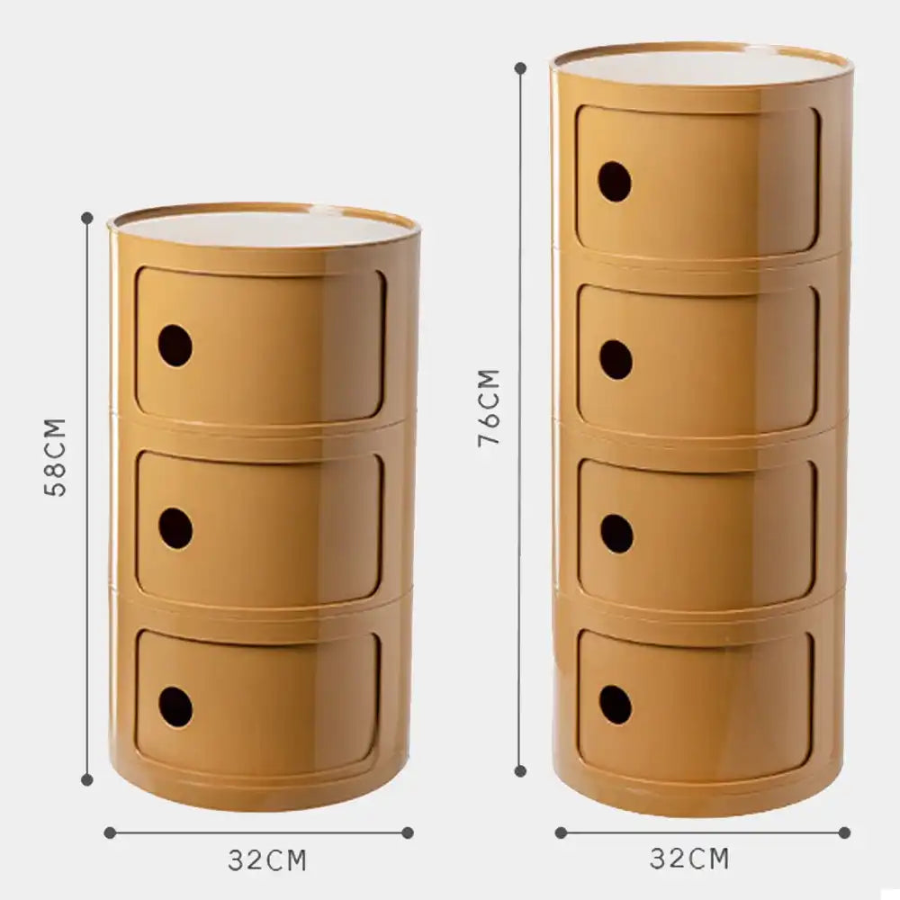 Two cylindrical storage units with dimensions indicated on a white background