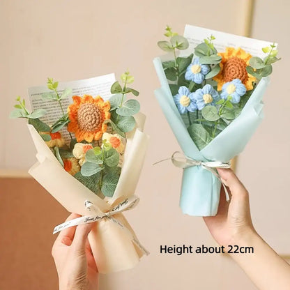 Two flower bouquets held by hands with a plain background