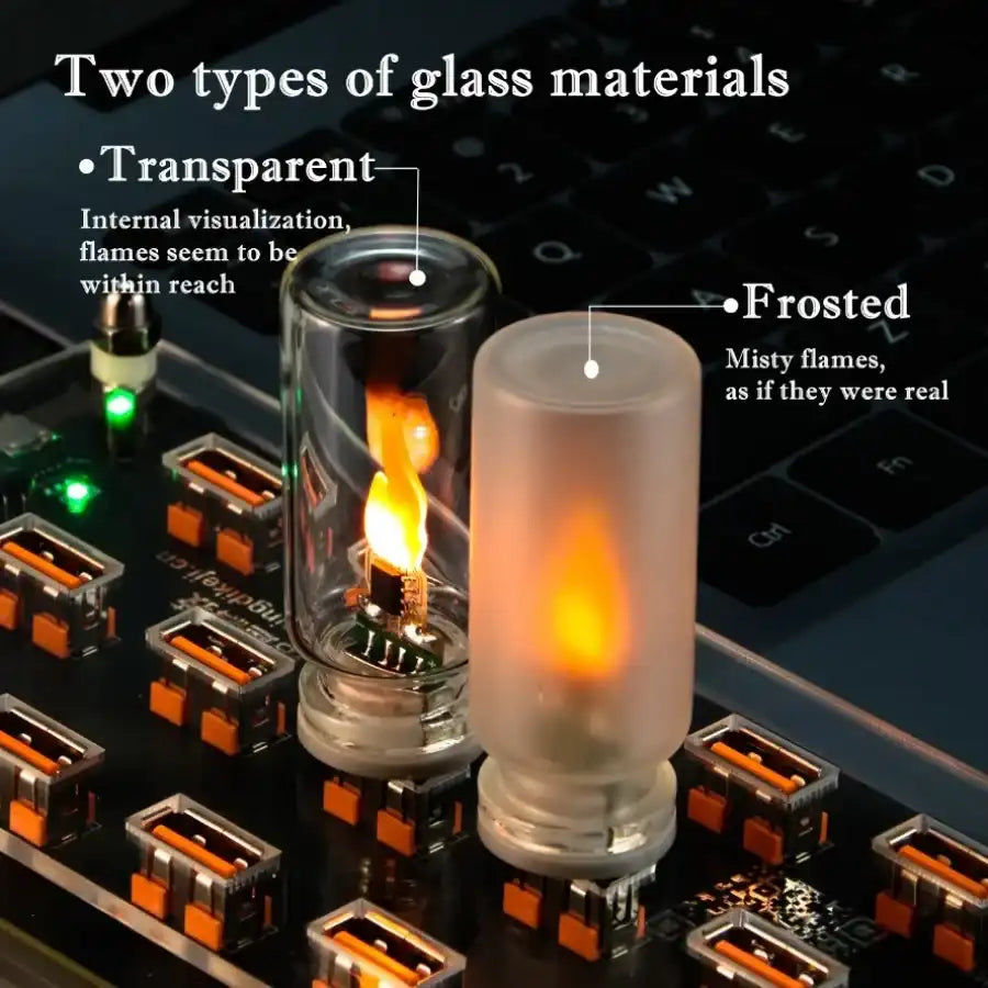 Two glass flame emulators on a computer motherboard with text describing transparent and frosted materials.