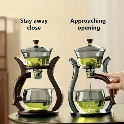 Two glass tea infusers with wooden handles on a beige background, labeled 'Stay away close' and 'Approaching opening'.