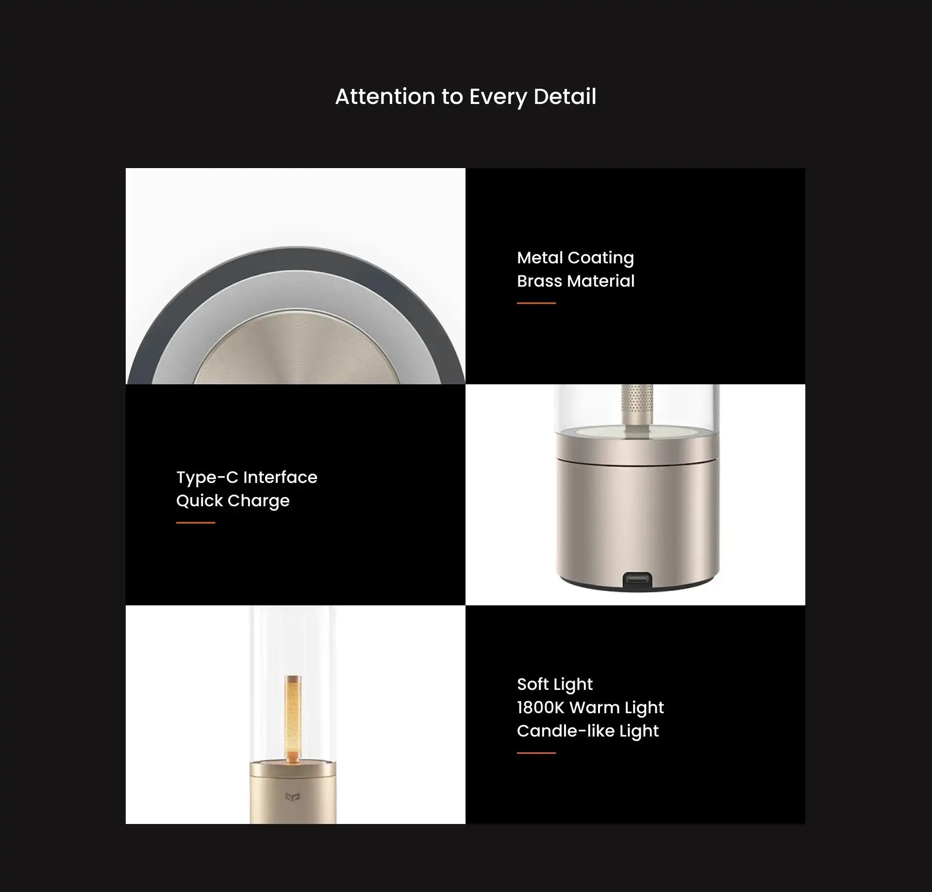 Product features: metal coating, brass material, Type-C interface, quick charging, and soft light on a black background.