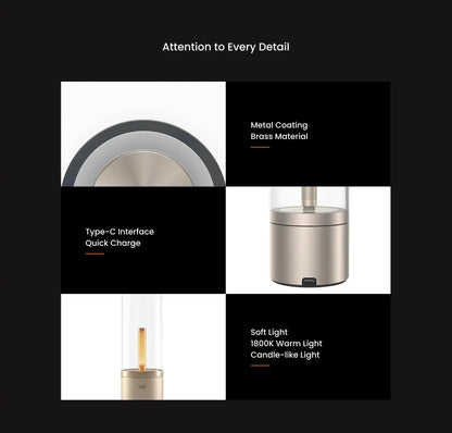 Product features: metal coating, brass material, Type-C interface, quick charging, and soft light on a black background.