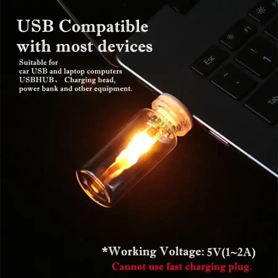 USB-compatible light bulb with text on a dark background