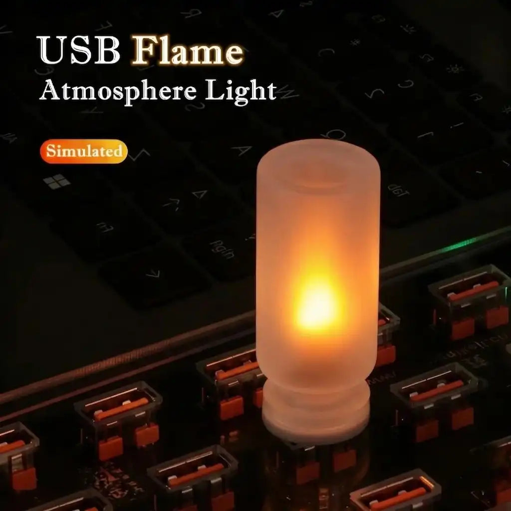USB flame atmosphere light on a keyboard with text indicating it is simulated.