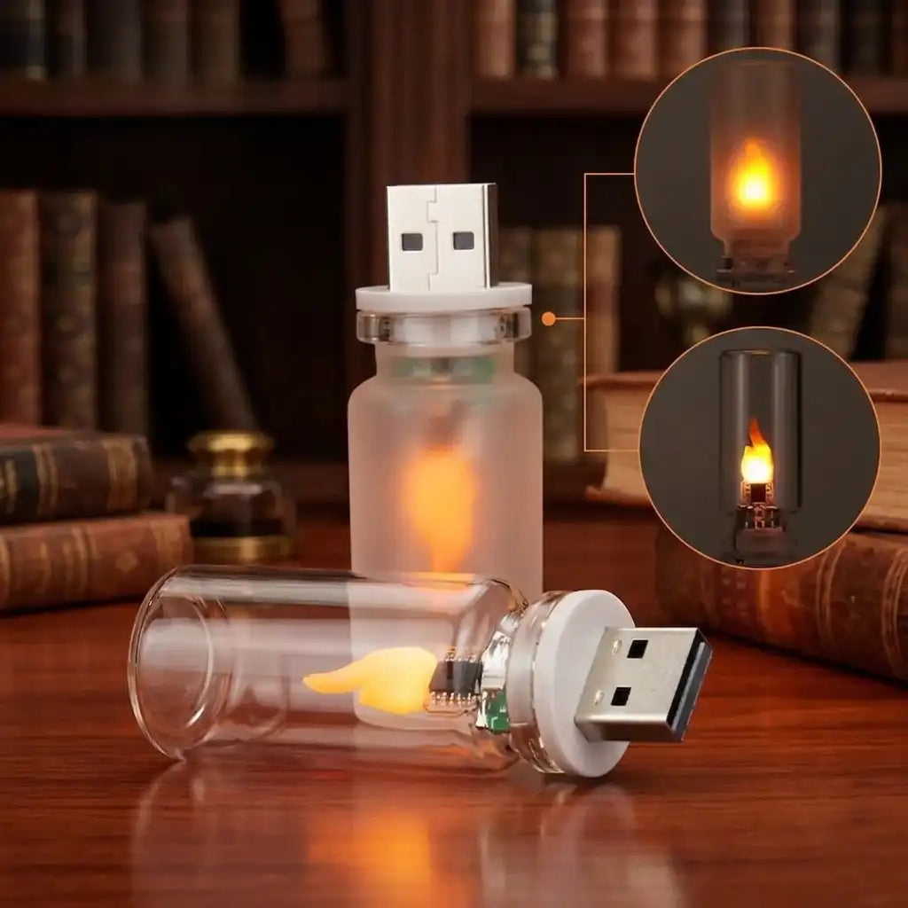 USB light bulb with glass bottle design on a wooden surface with a bookshelf background