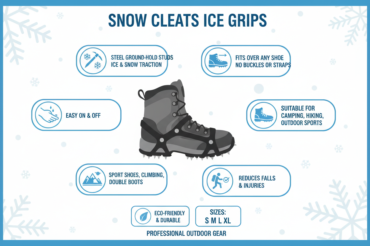 Infographic showing snow cleats features: steel studs for ice traction, fits any shoe without buckles, easy on and off, camping hiking outdoor sports, sizes S M L XL