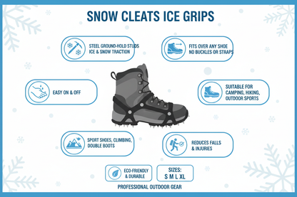 Infographic showing snow cleats features: steel studs for ice traction, fits any shoe without buckles, easy on and off, camping hiking outdoor sports, sizes S M L XL