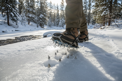Ultimate snow cleats fitted over hiking boots on a person walking confidently on icy snow-covered ground showing steel stud spikes gripping the ice