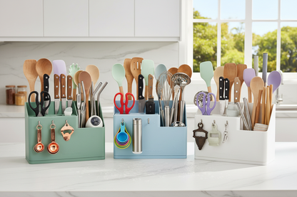 Ultimate utensil organizer on a modern kitchen counter showing knife slots scissor slot front hooks and large side storage areas with cooking utensils