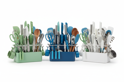 Ultimate utensil organizer in all 3 color variants green blue and white shown side by side fully loaded with knives scissors and utensils