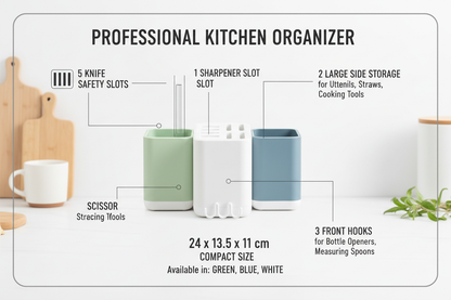Infographic showing utensil organizer features: 5 knife slots, sharpener slot, scissor slot, 2 side storage areas, 3 front hooks, 24x13.5x11cm, green blue white