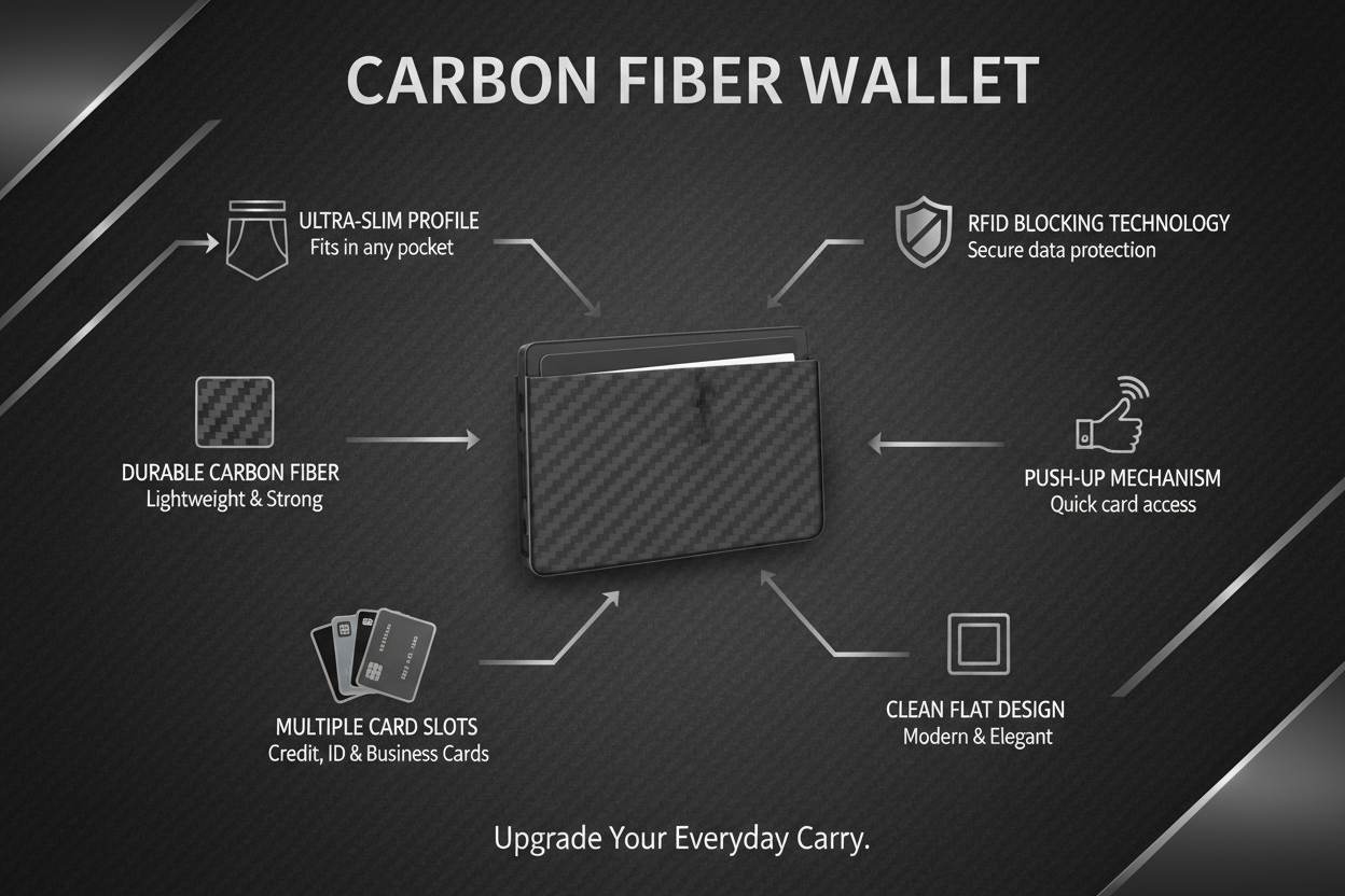 Infographic showing carbon fiber card holder features: ultra-slim profile, durable carbon fiber, multiple card slots, RFID blocking, push-up mechanism