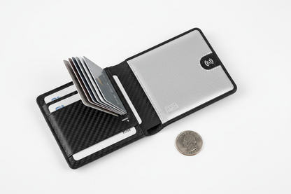 Carbon fiber credit card holder shown open and closed displaying push-up card mechanism, multiple slots, and ultra-slim profile