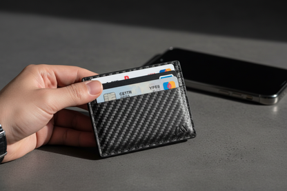 Ultra-slim carbon fiber credit card holder held in hand showing sleek minimalist design with fanned out cards